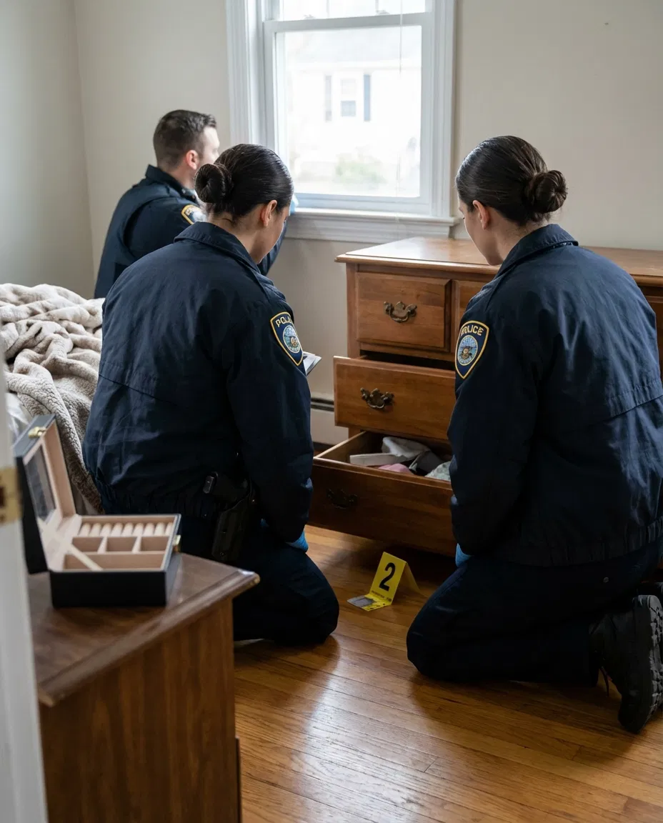 Police investigation scene inside a home with signs of theft.