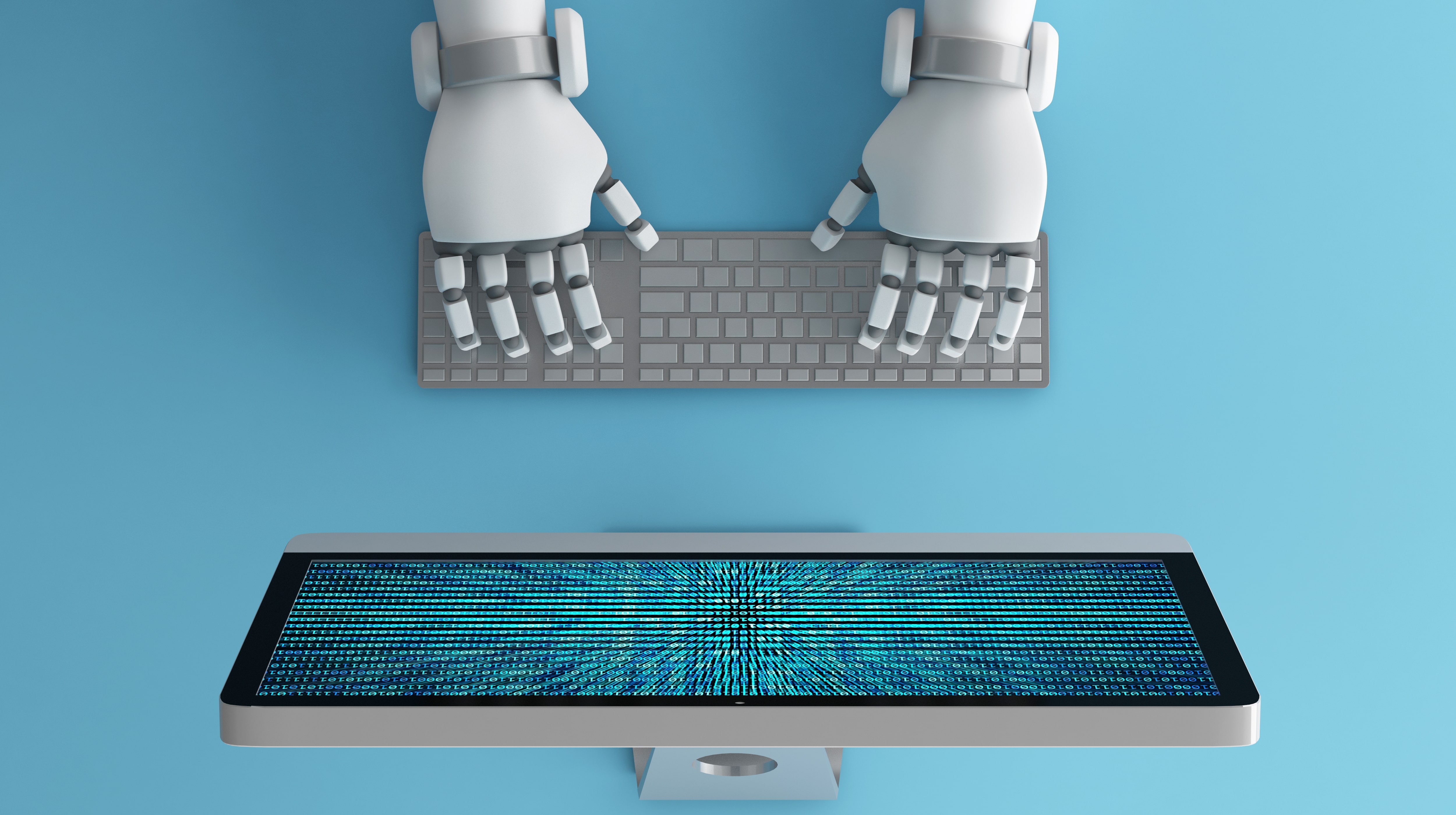 A futuristic, top-down view of white robotic hands typing on a computer keyboard, illustrating the concept of artificial intelligence (AI). The computer monitor below displays glowing blue binary code, representing automation, machine learning, programming, and the future of technology.