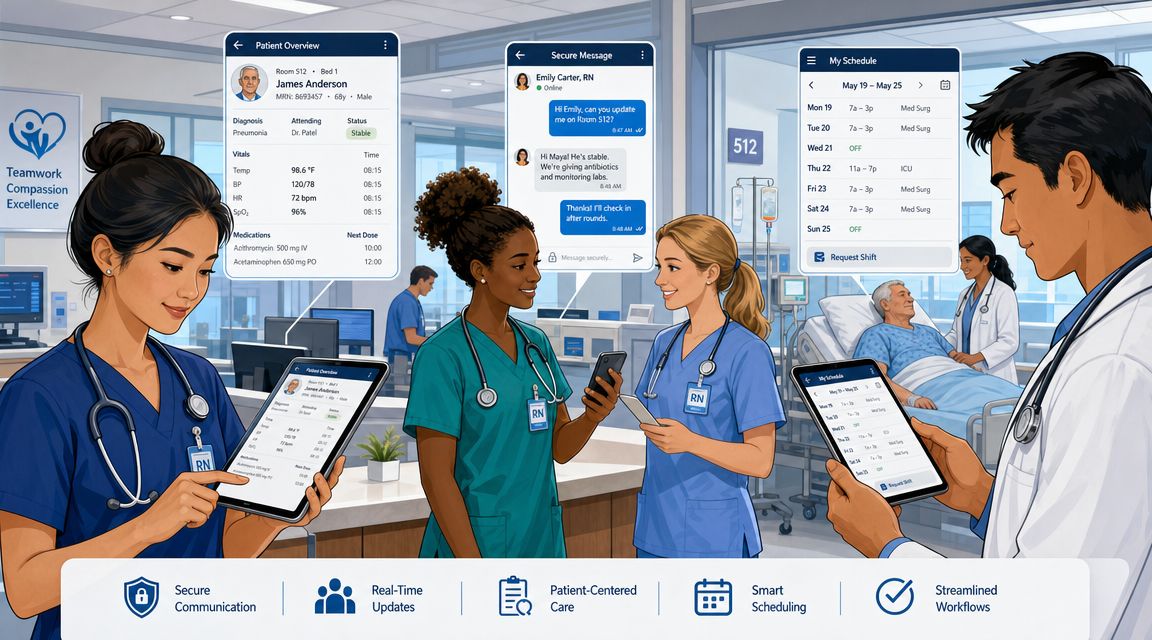 A diverse group of healthcare professionals collaborating in a hospital while using a modern digital communication app.