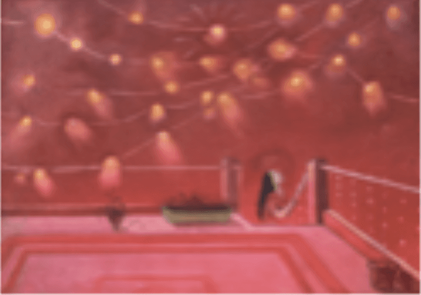 herd of sheep on road painting