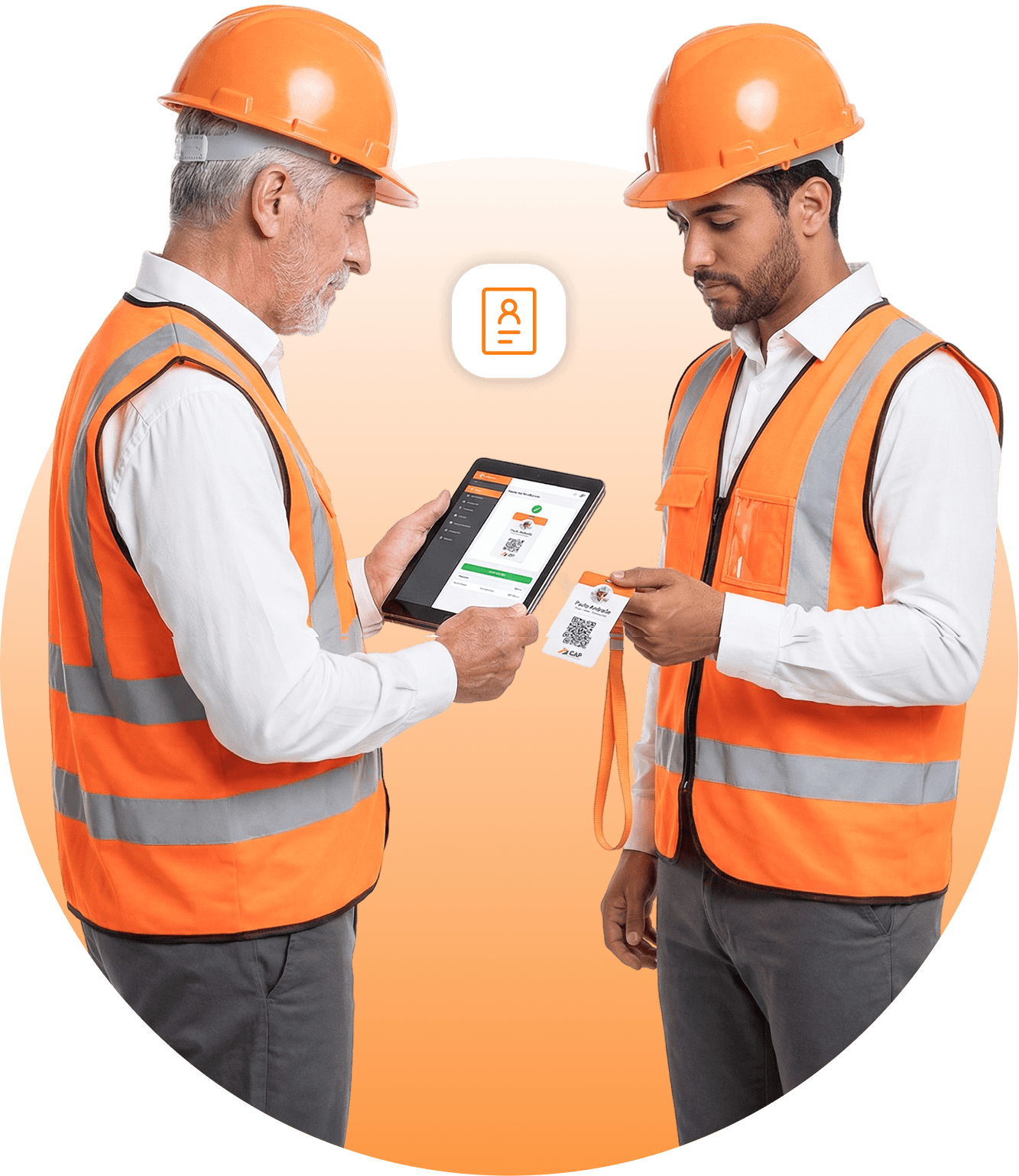 Dois profissionais de segurança sorrindo, com macacões laranja, capacetes e óculos de proteção, braços cruzados. Ao lado, o logo 'gedoc', representando a gestão documental em SSMA.