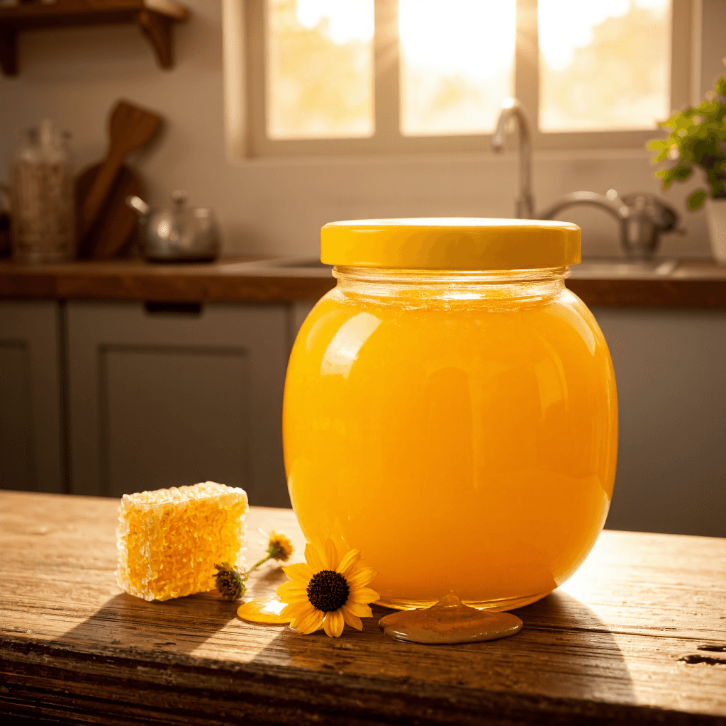 product photography of a glass jar with a yellow lid, typically used for storing food or ingredients