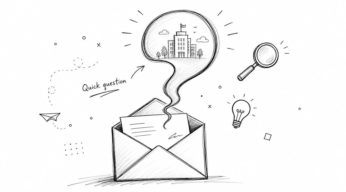 A hand-drawn sketch of an open envelope containing a letter with a thought bubble of a building.