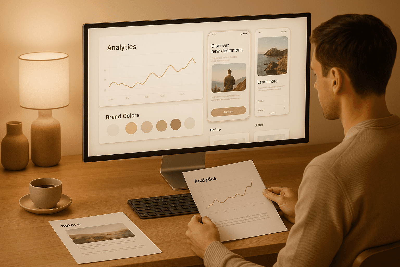 A designer in a warm, high-end workspace reviewing website analytics, UI screens, brand color palettes, and before-after design visuals displayed on a large monitor.