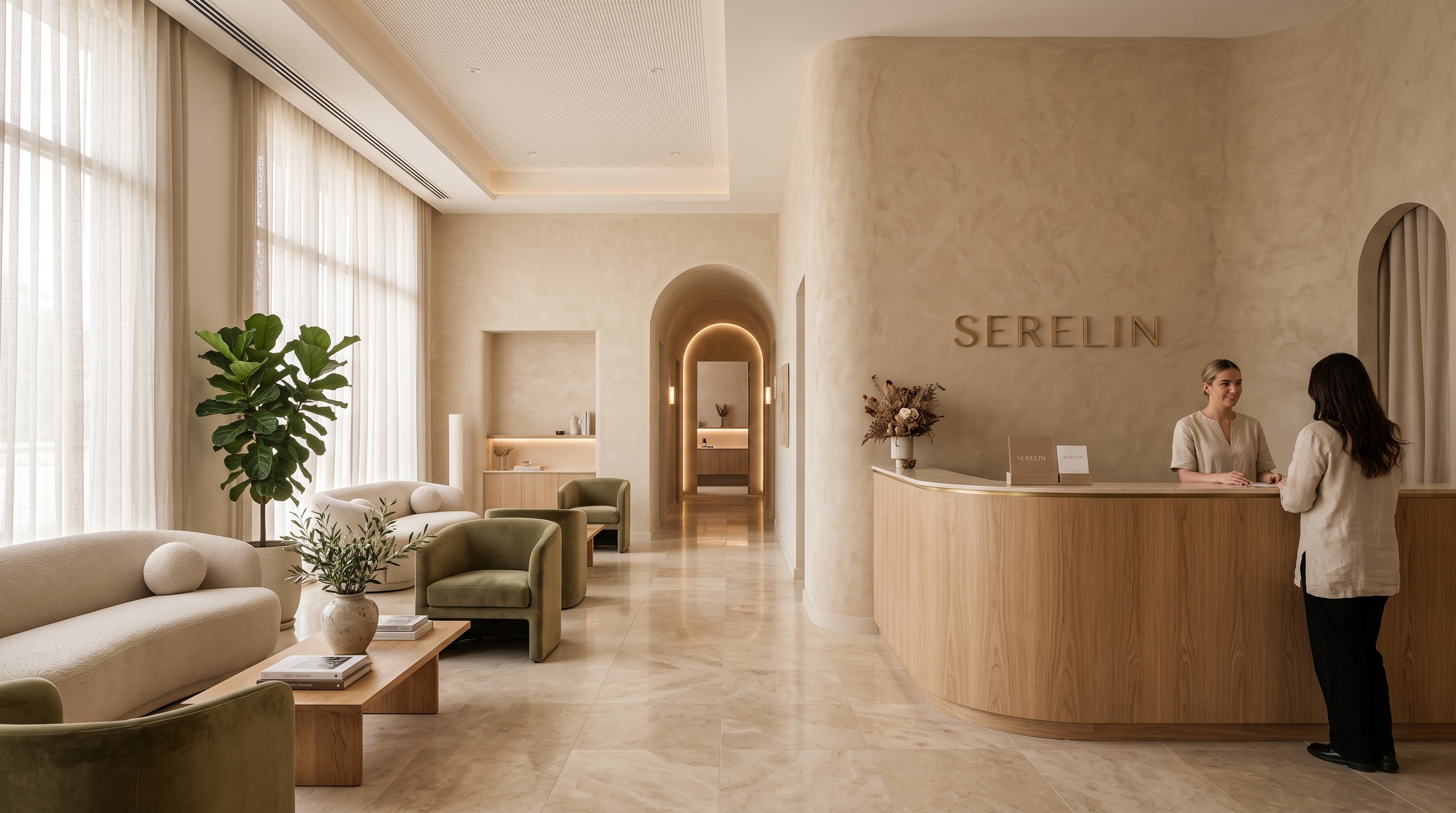 A receptionist smiles at a wooden desk in a serene, minimalist beige lobby with arched walls and soft lighting.