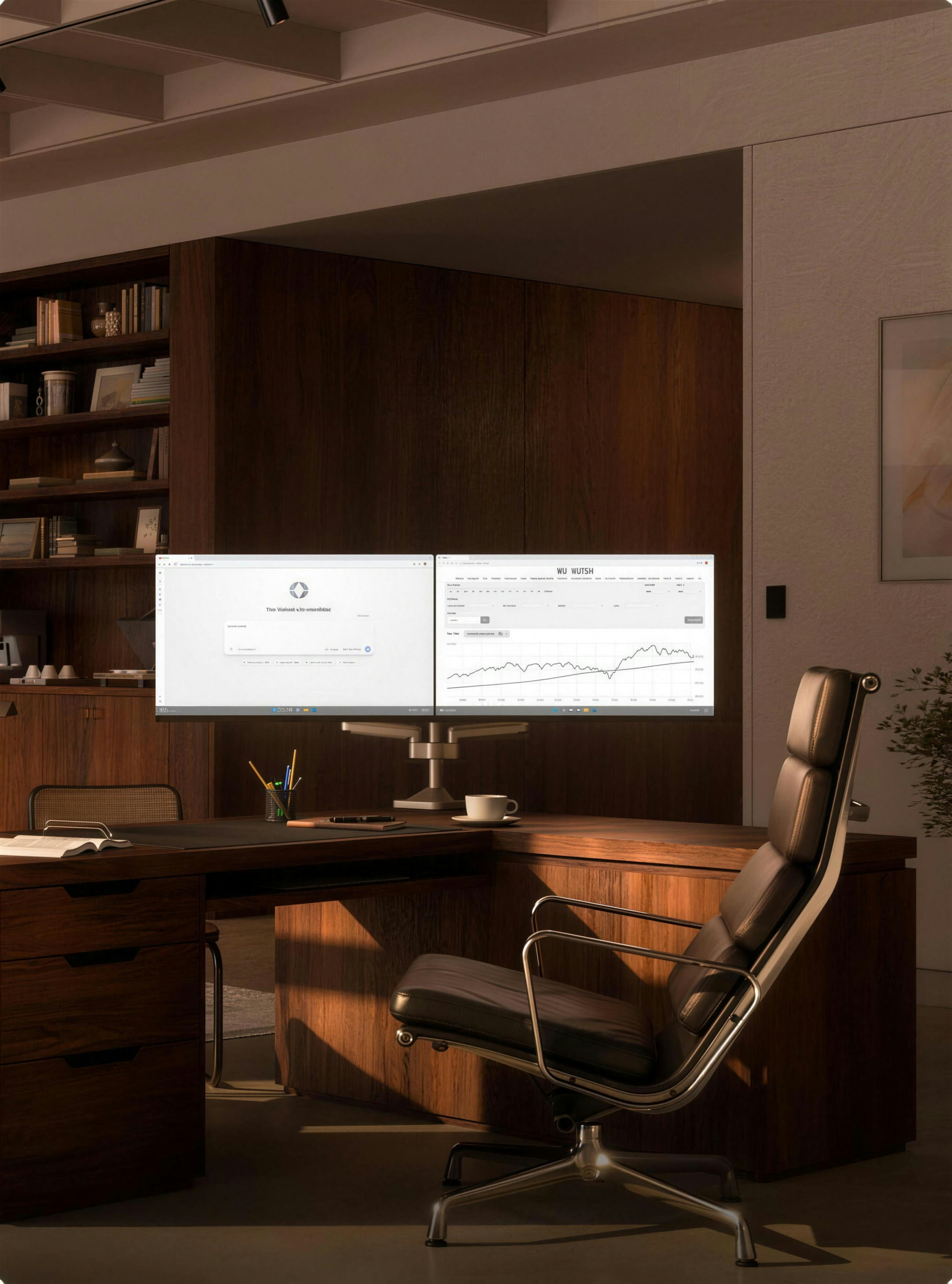 A private-office desk with dual monitors showing market data