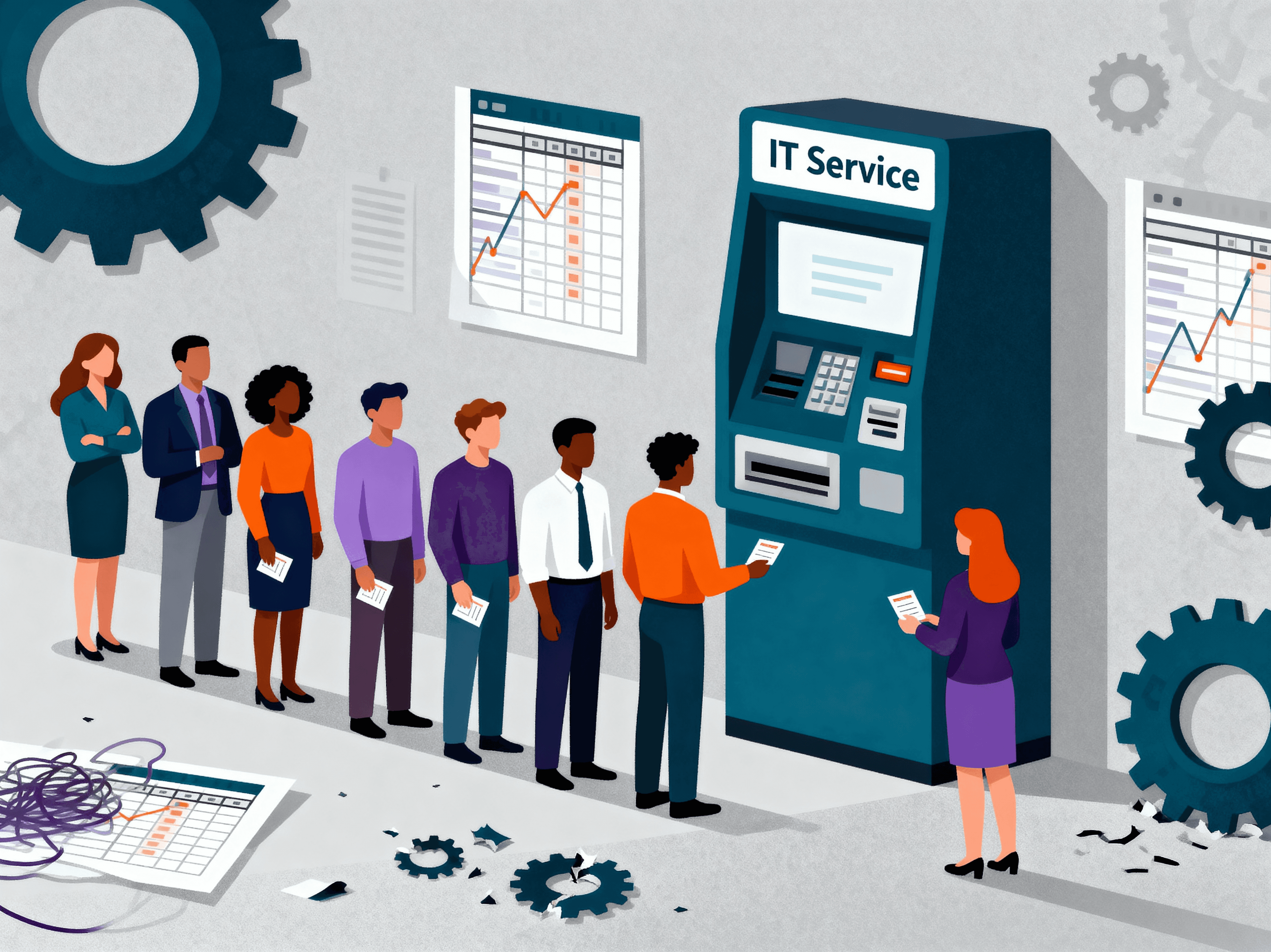 Minimalistic modern flat illustration with muted tech colors and soft gradients. Office employees waiting passively in a long queue in front of a large ticket vending machine labeled ‘IT Service’. People hold tickets and stand still while broken workflows, messy spreadsheets and slow gears surround them. The scene feels stagnant and grey, symbolizing delays, dependency, and transactional IT. Clean vector style, soft shadows, negative space