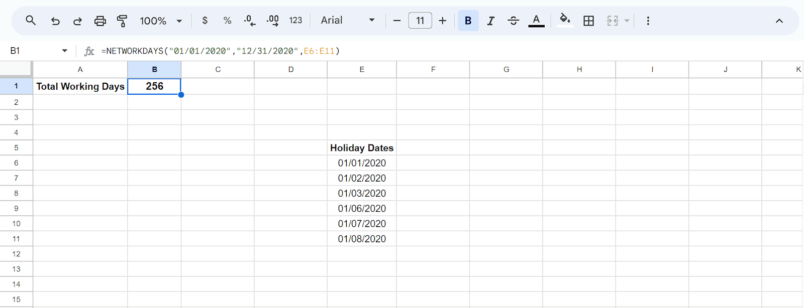 Result with holidays = 256 days (Working days excluding Weekends and Holidays)