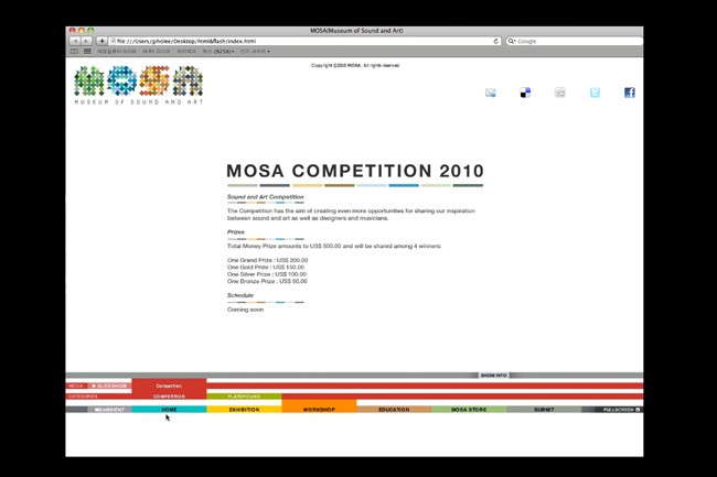 A screenshot of a webpage displays "MOSA COMPETITION 2010" on a white background. The title is centered, with "Sound and Art Competition" written below. Below the title, details about the competition are listed: "Total Money Prize amounts to US$500.00 and will be shared among 4 winners." Further down, "One Grand Prize: US$200.00," "One Deed Prize: US$150.00," and "One Silver Prize: US$100.00" are listed. The schedule is marked "Coming soon." A navigation bar includes tabs like "MEDIA," "SLIDESHOW," "COMPETITION," "HOME," "PLAYGROUND," "EXHIBITION," "WORKSHOP," "EDUCATION," "MOSA STORE," "SHOW NO," "SURF," "FOLDER," and "PULLED." The top right corner shows "© 2010 MOSA. All rights reserved." A small "HOME" tab is visible in the navigation bar.