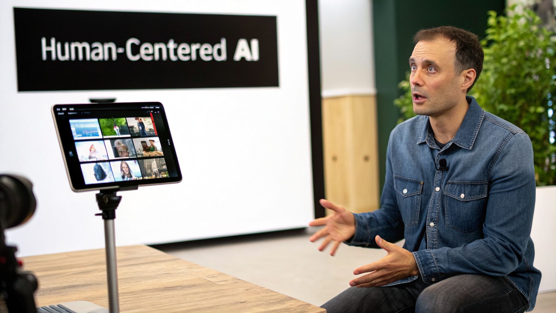A man in a denim shirt speaks, gesturing, during a virtual meeting with a tablet displaying a grid of video calls and 