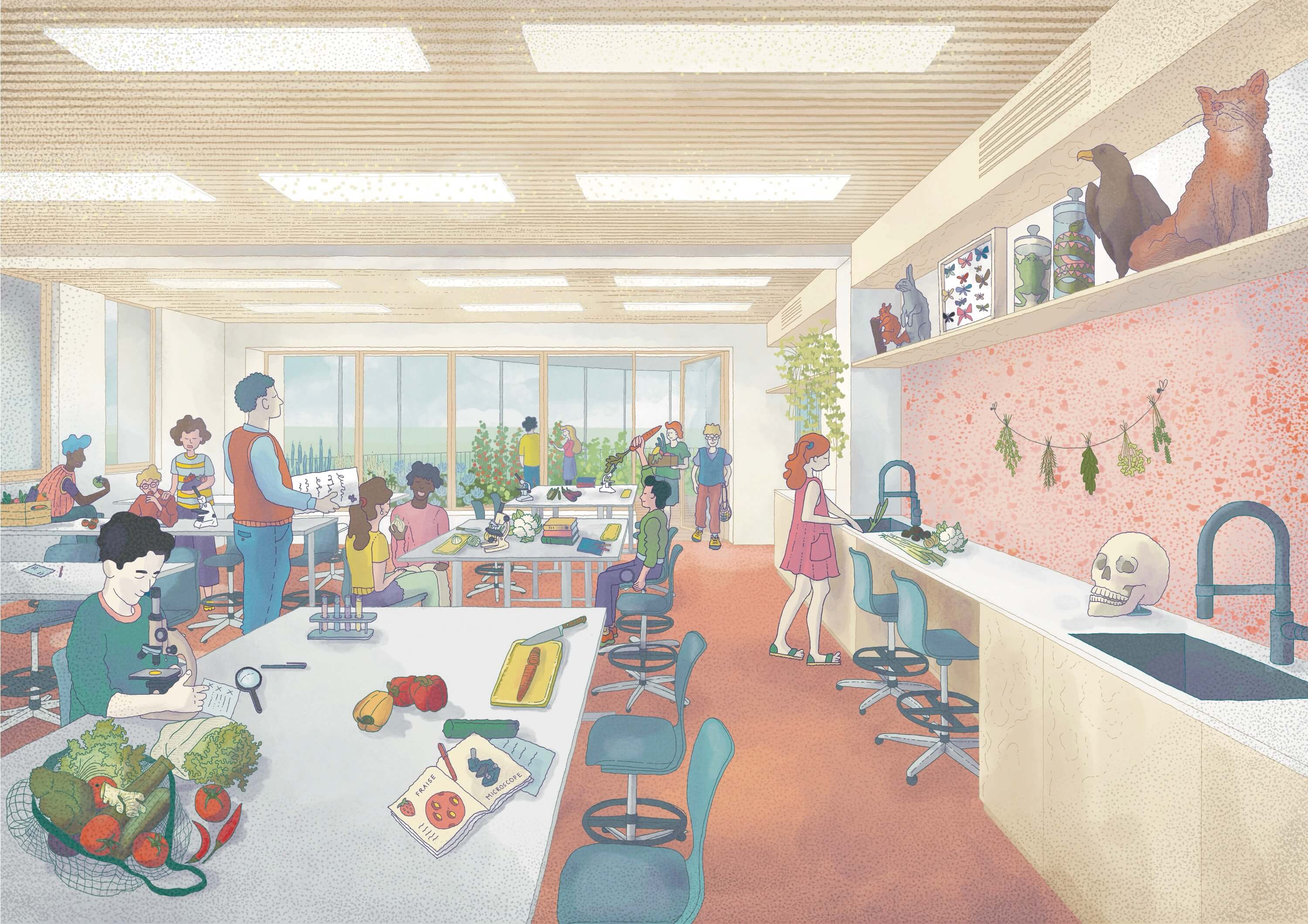 Bright classroom with tables, plants, and educational materials; colorful decor on walls and a warm atmosphere.