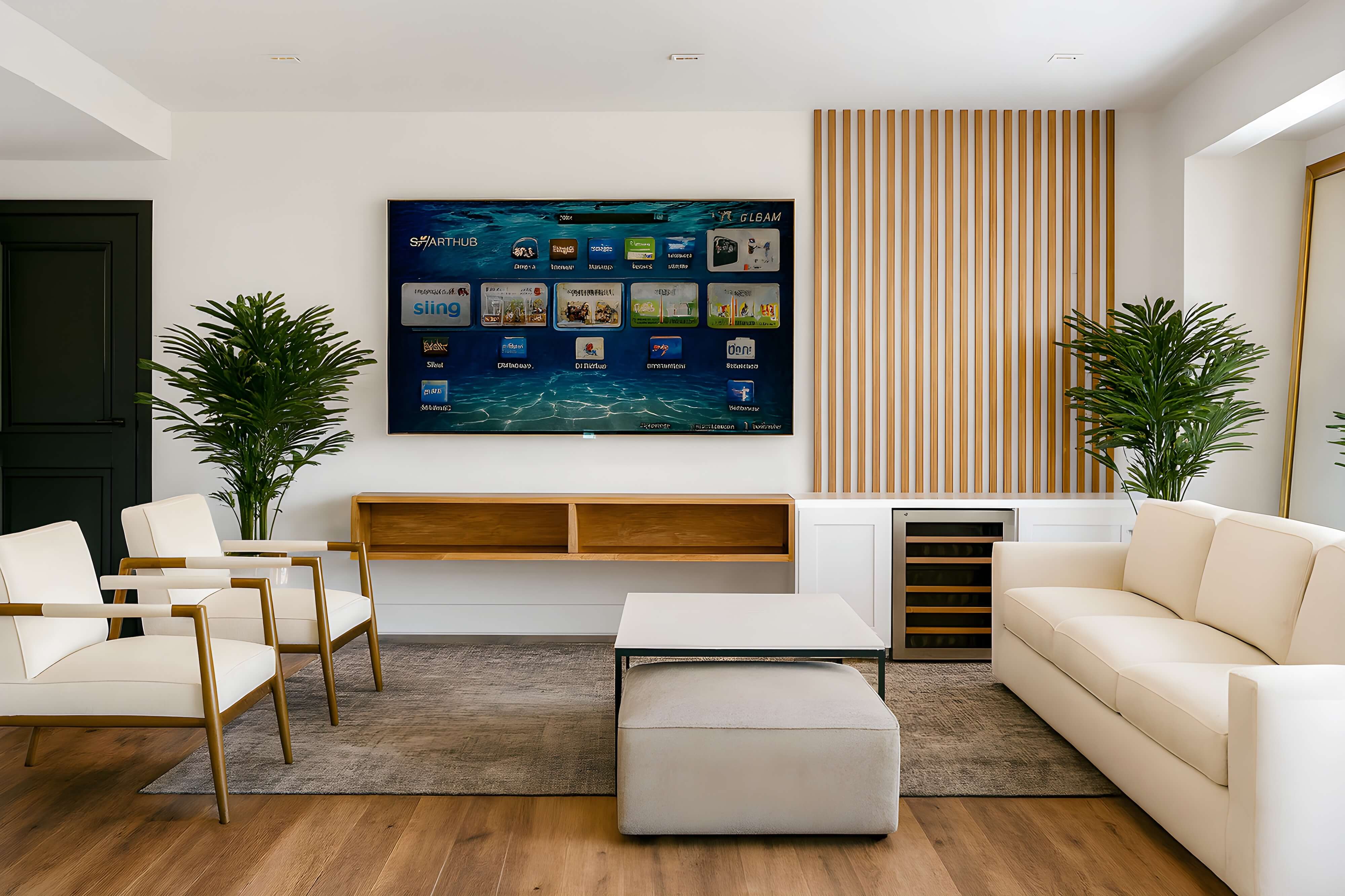 Contemporary living space with cream sofas, modern accent chairs, and a wall-mounted flat-screen TV, accented by warm wood paneling and potted greenery.