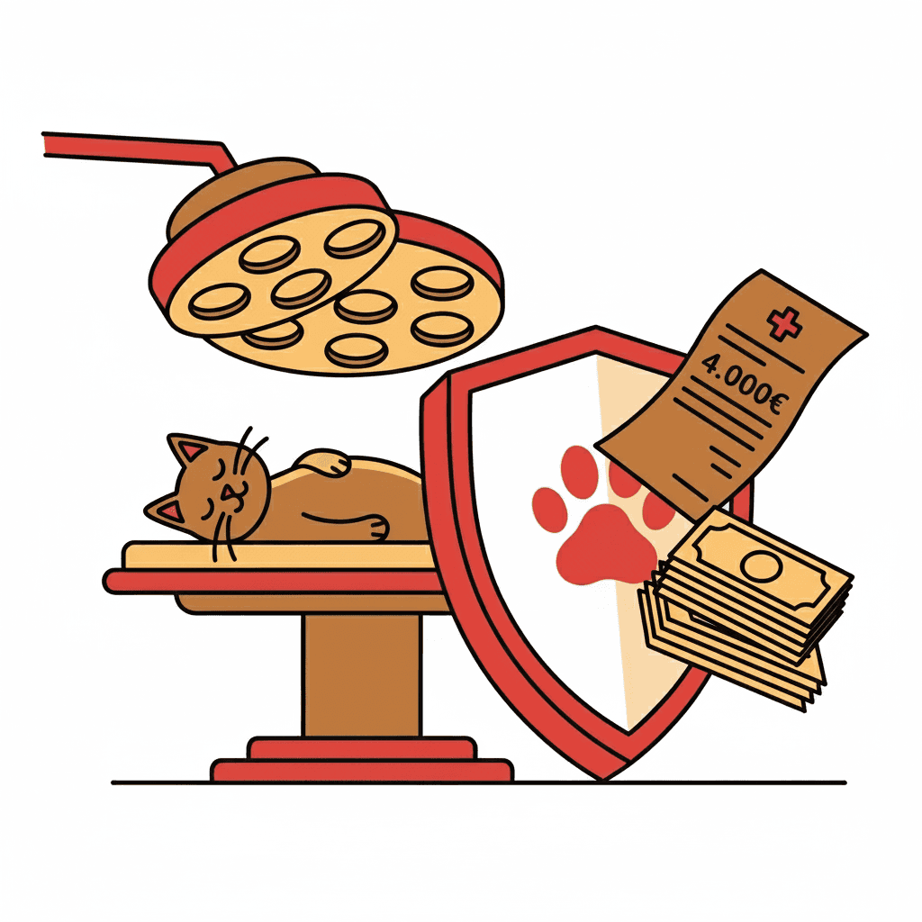 Eine schlafende Katze auf einem Operationstisch mit einem chirurgischen Licht, Schutzsymbol und einer Rechnung über 4.000 €.