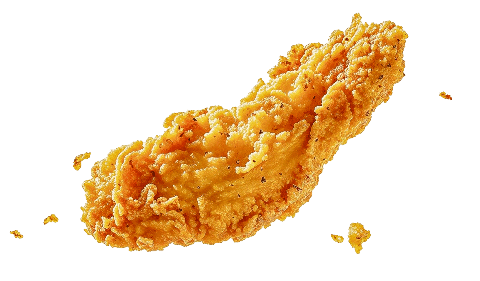 Chips & Chicks crispy fried chicken strip with scattered crumbs on black background — isolated product food photography by Makers' Studio