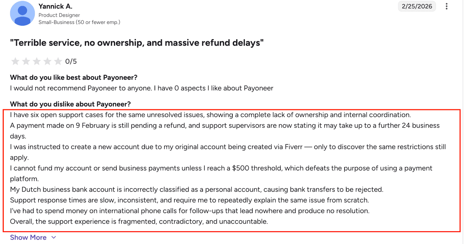 G2 customer review on Payoneer's terrible service and refund delays