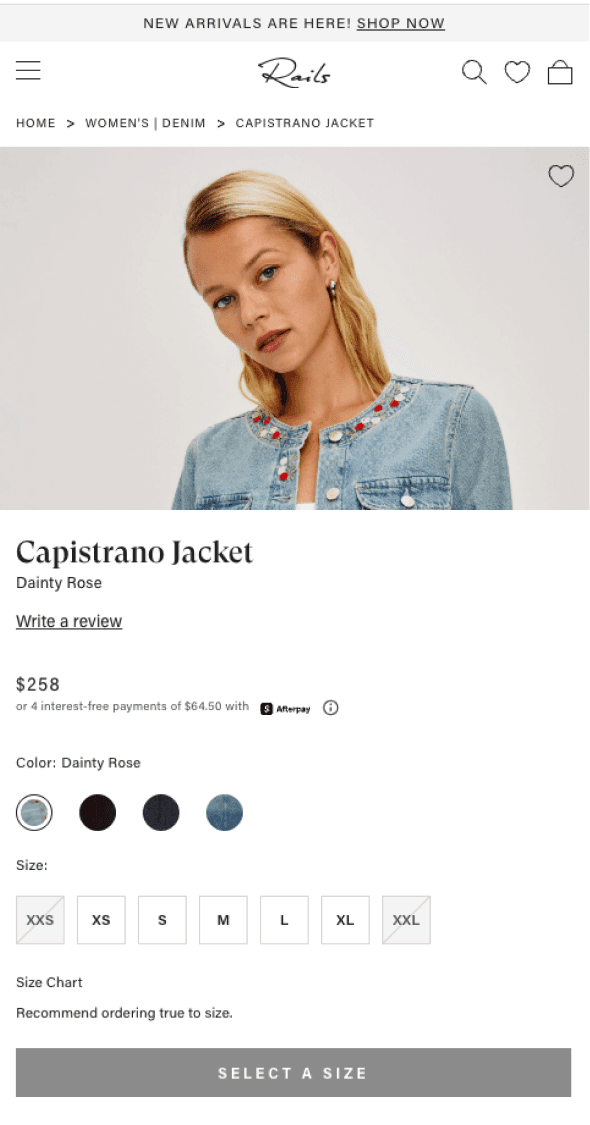 Mobile product detail page with variant selection and purchase controls