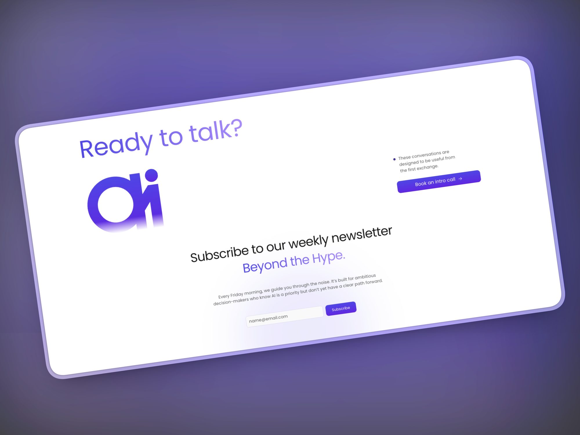 AI Social Club 'Ready to talk?' newsletter sign-up section on a tilted mockup.