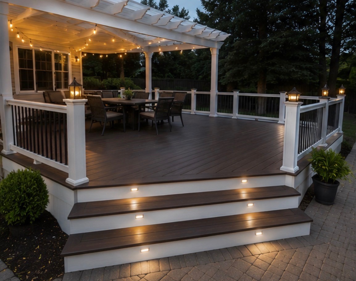 Finished backyard deck with seating and railing