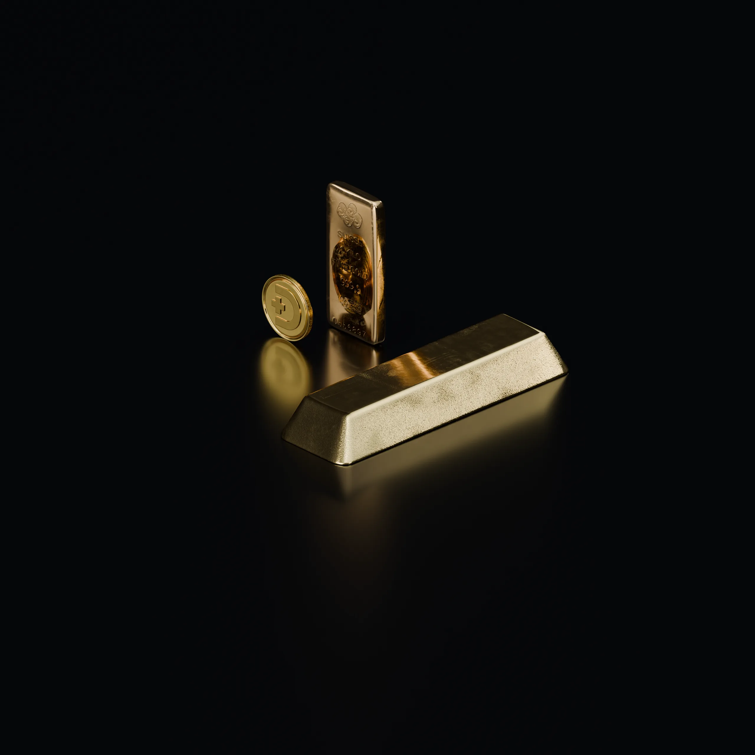 AMP Suisse gold bar and coin, 3D render