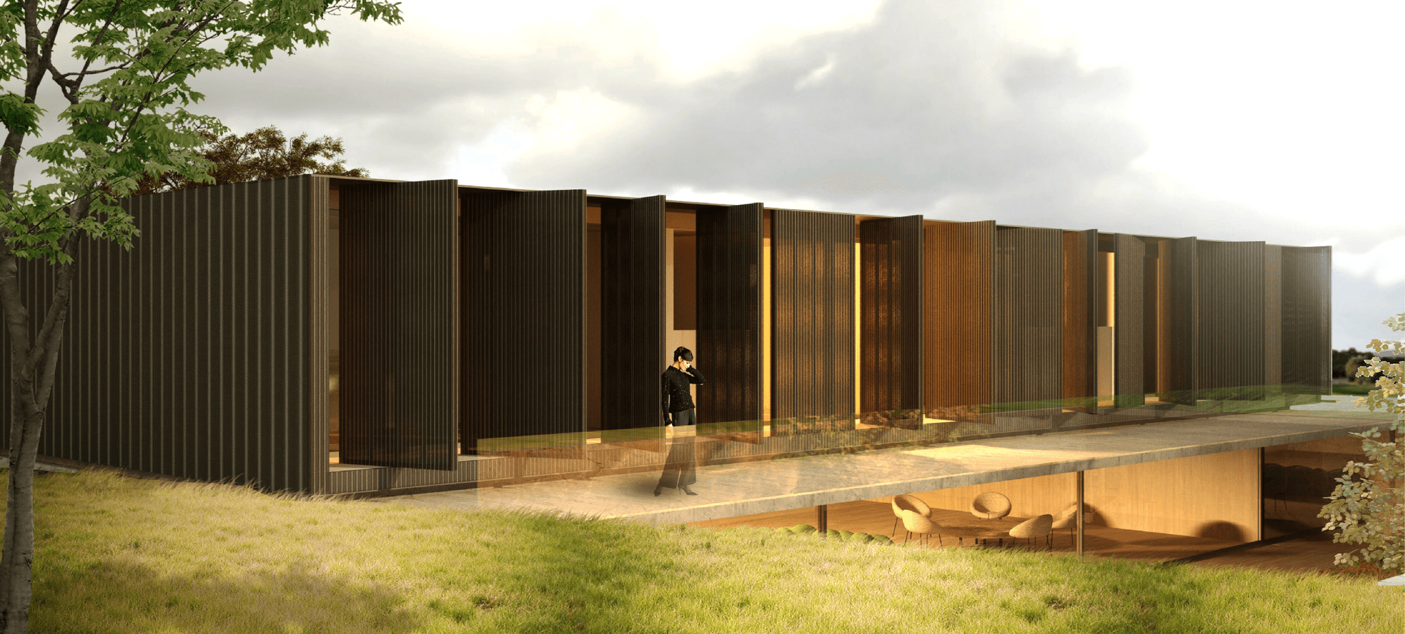 Floating House exterior: View showing the shaded screens and the elegant, dramatic cantilever of the upper living area.