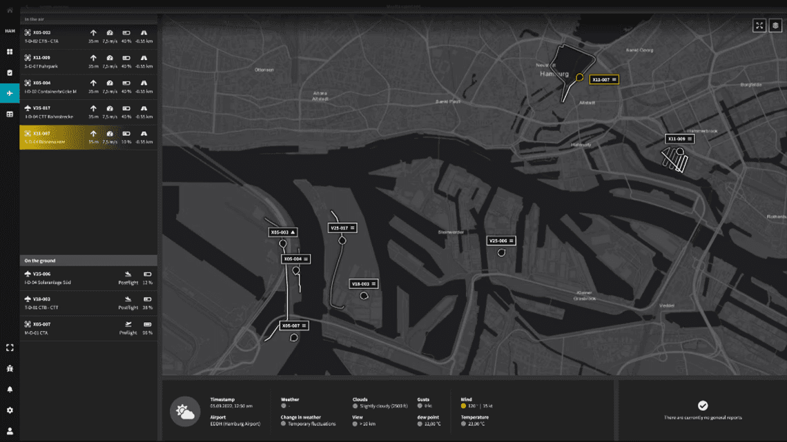 ICC drone mission control interface showing live drone operations on a dark screen.