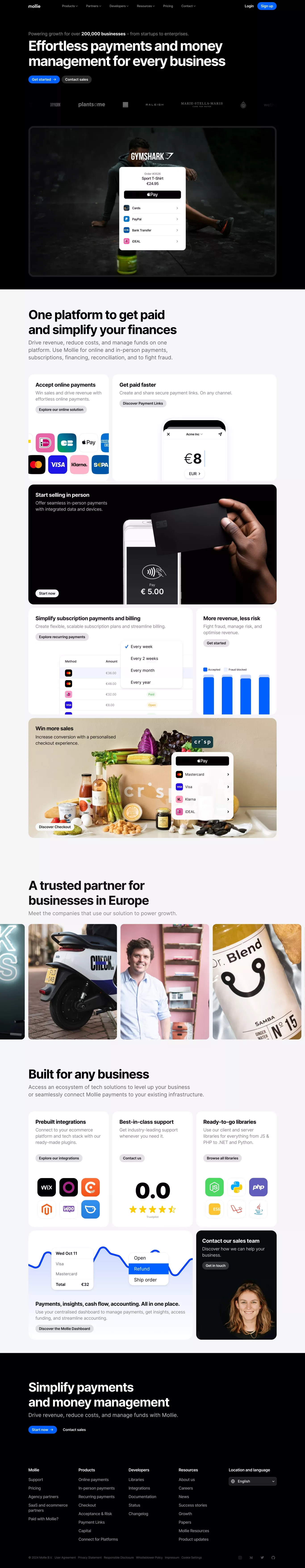 Mollie - Effortless Payments and Money M landing page screenshot showcasing Tech and Finance design