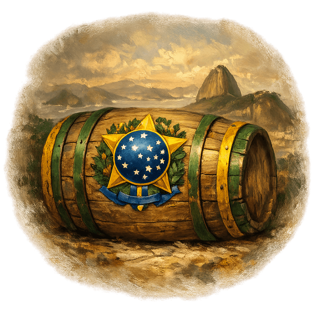 Wine barrel featuring the Brazil national emblem for regional wine education.