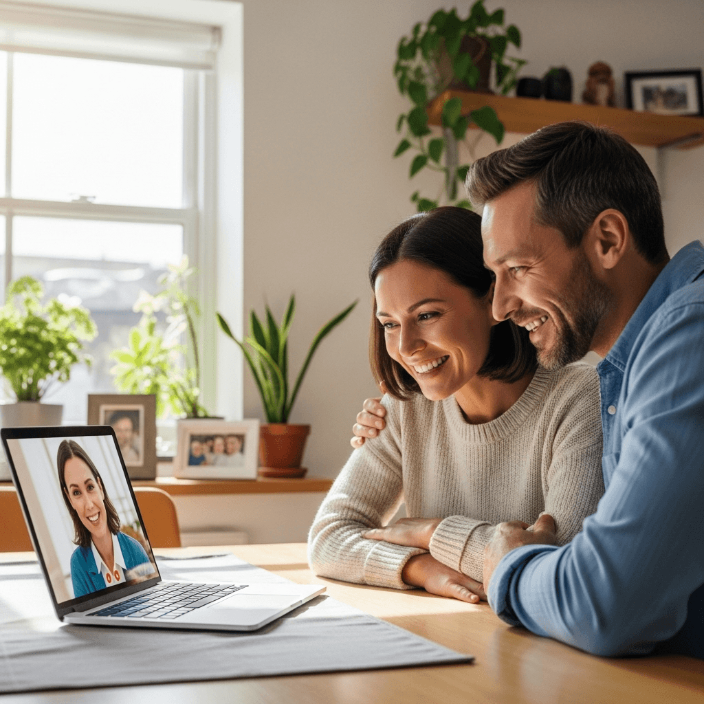 Female educator teaching an online class from her desk, speaking into a microphone while viewing a grid of students on her computer screen.