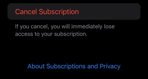 Apple App Store subscription detail page with cancel subscription button