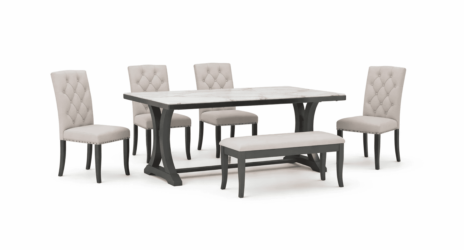 Compact classic dining table with tufted chairs and a bench, suited for everyday dining spaces