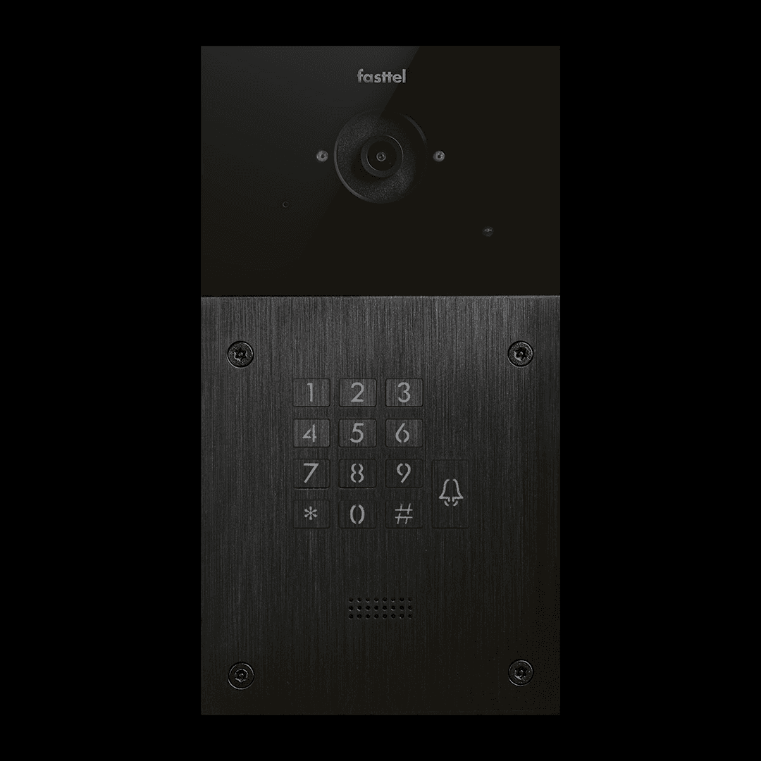 Black intercom with keypad and camera