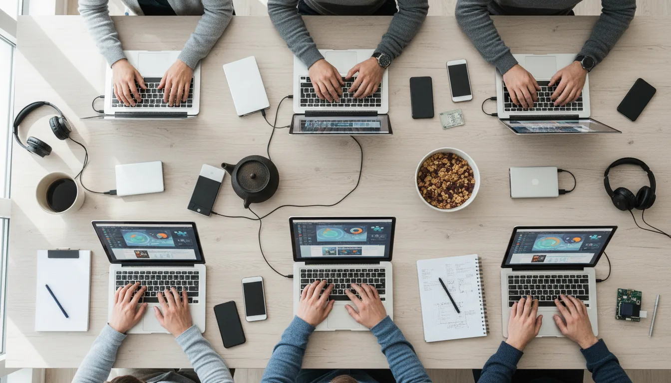 Top-down DSLR photograph of a collaborative tech workshop. A group of people's hands are seen working on multiple laptops arranged on a large, light-wood grain table. The scene is filled with tech gadgets like external hard drives, smartphones, and headphones, alongside notebooks, a cast iron teapot, and a bowl of snacks. The laptop screens show abstracted UI with data visualizations. The lighting is bright, even natural daylight, creating a vibrant and productive atmosphere with sharp focus throughout the entire scene.