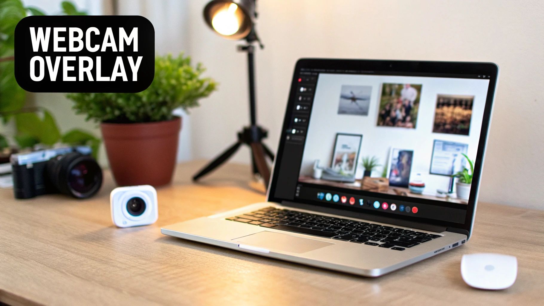 A desk setup featuring a laptop displaying images, a white webcam, camera, plant, and 'WEBCAM OVERLAY' text.