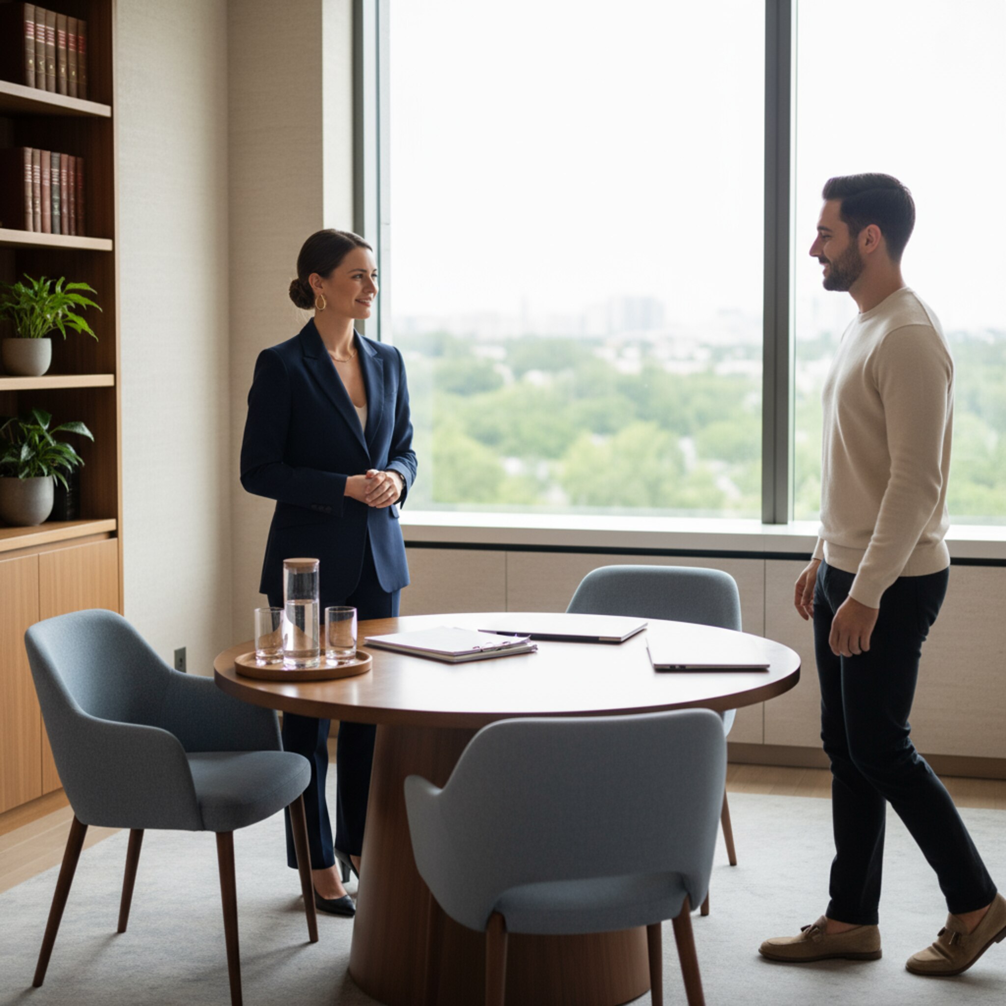 Ein Beratungszimmer mit runder Tischgruppe. Eine Anwältin begrüßt einen Mandanten mit festem Händedruck, Unterlagen liegen ordentlich bereit. Eine leise, konzentrierte Atmosphäre, ein Wasserkrug mit Gläsern betont die Gastfreundschaft. Die Szene wirkt vertrauensvoll und professionell.