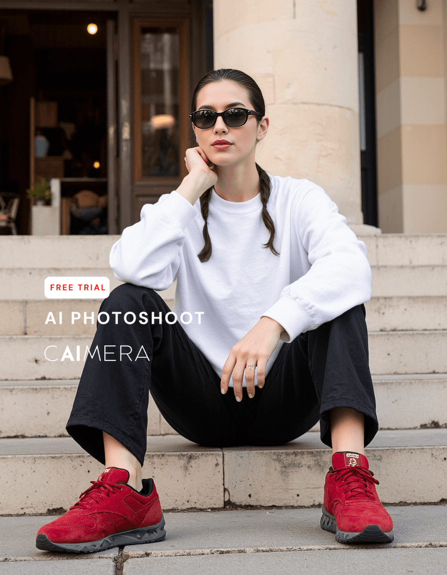 Minimalist street style featuring white sweatshirt, black pants and vibrant red sneakers on stone steps outside a cafe