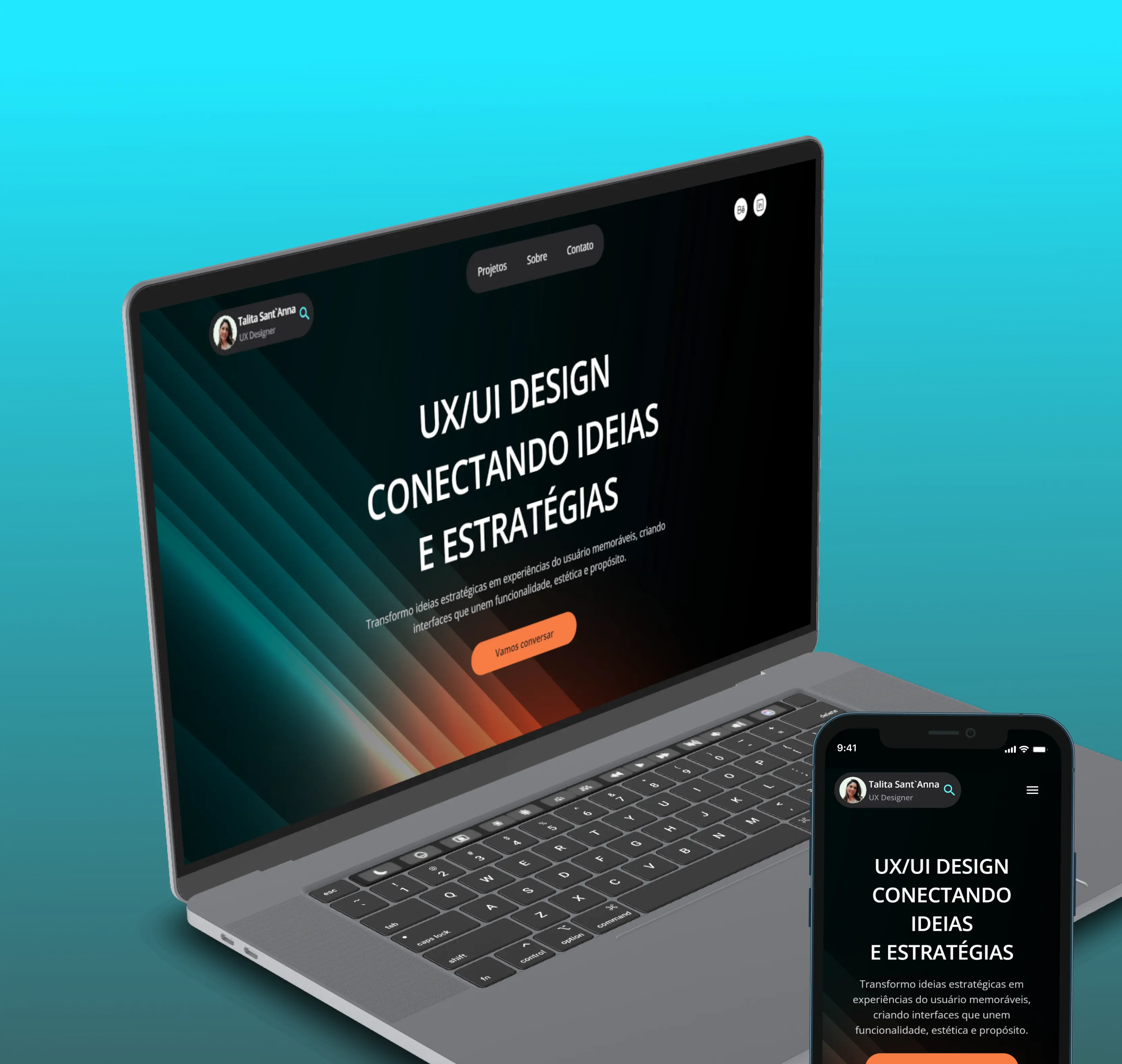 Mockup do projeto "UI/UX Design: Conectando ideias e estratégias", exibindo a interface em dispositivos mobile e desktop.