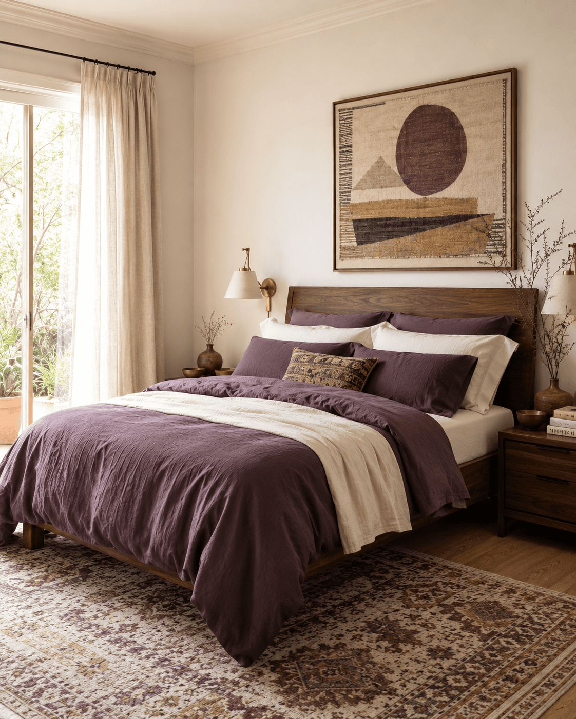 Boho bedroom interior with earthy undertones, featuring a wooden bed frame, plum and cream bedding, vintage patterned rug, abstract wall art, and natural light from a large window. Modern bohemian decor with warm, inviting undertones.