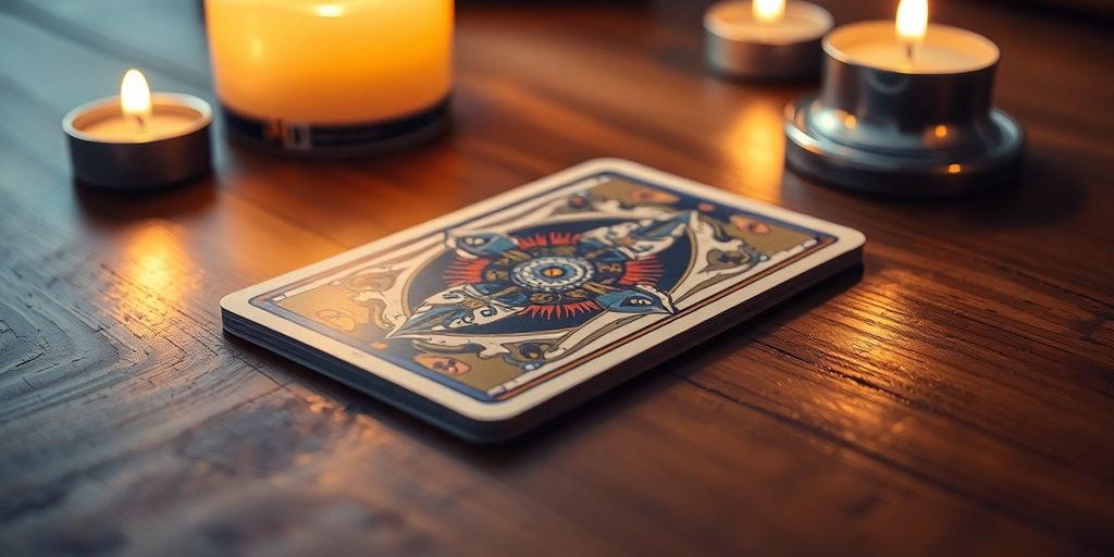 Single tarot card on a wooden table with candles.