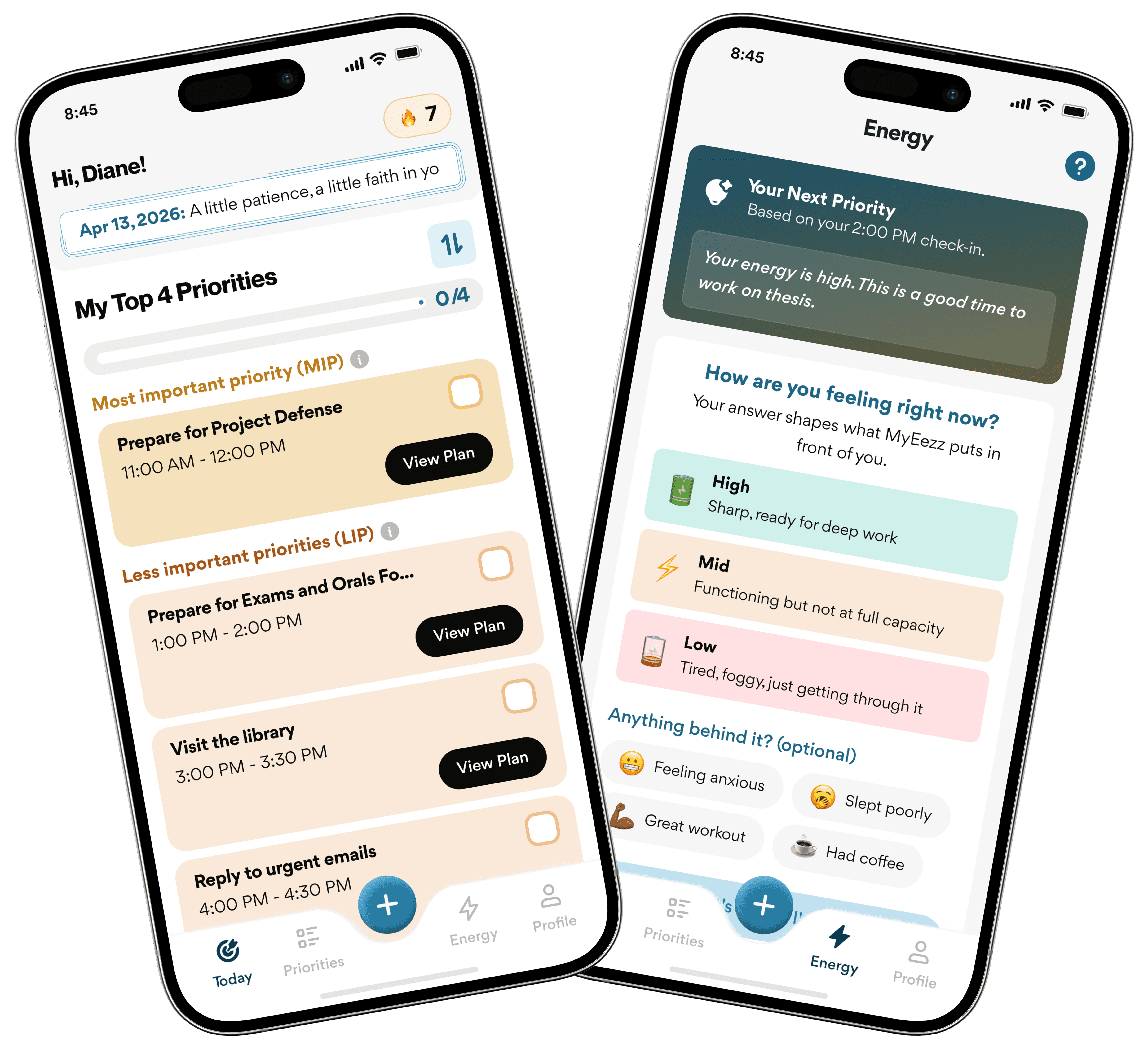 Phone mockups showing the home screen and energy details screen of the mobile app