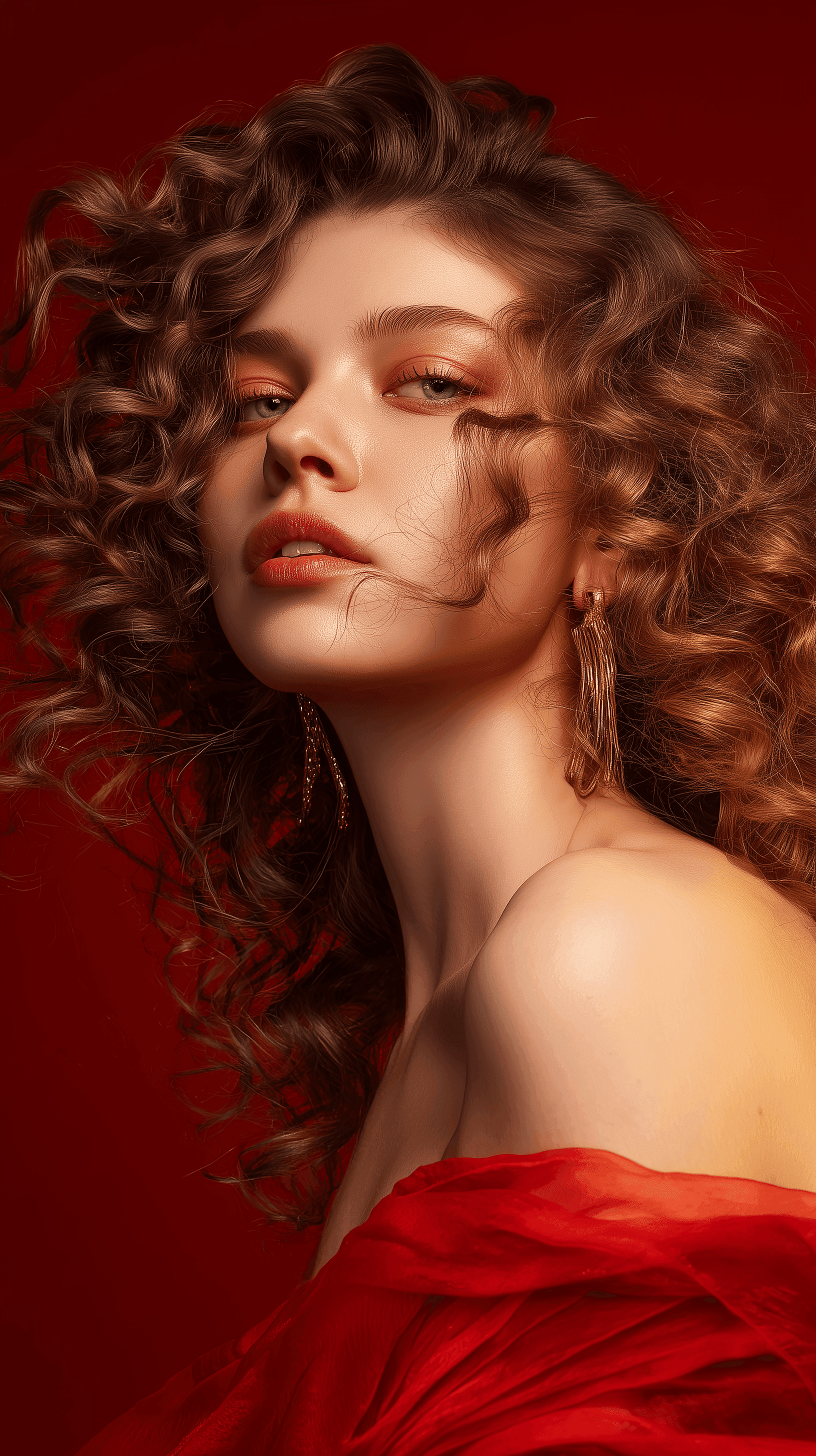 Portrait of woman with curly hair and soft red lighting