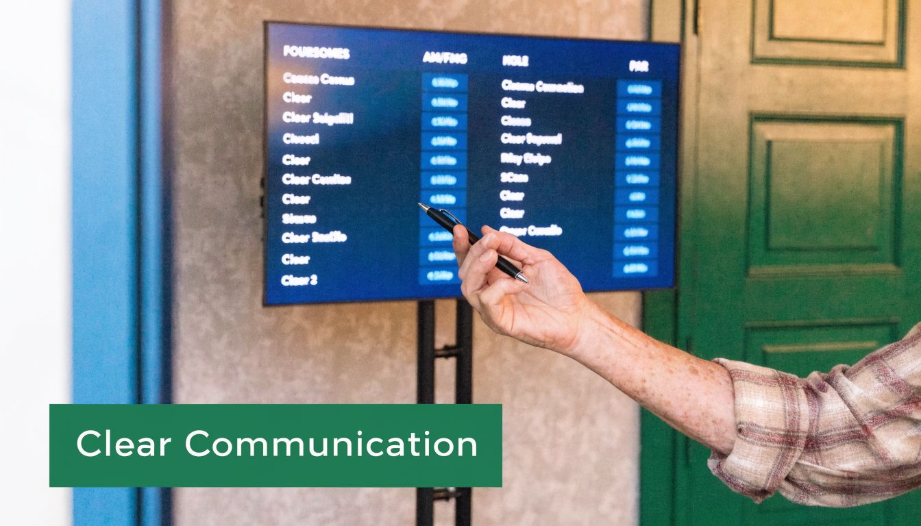 A hand holding a pen points to a digital display board showing golf tournament pairings and information.