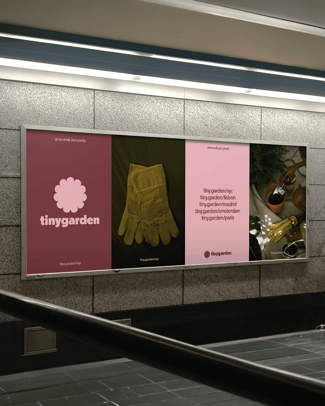 inygarden brand identity poster in dusty rose showing the flower logomark and wordmark with the tagline "grow small, live gently" and tiny.garden/nyc URL