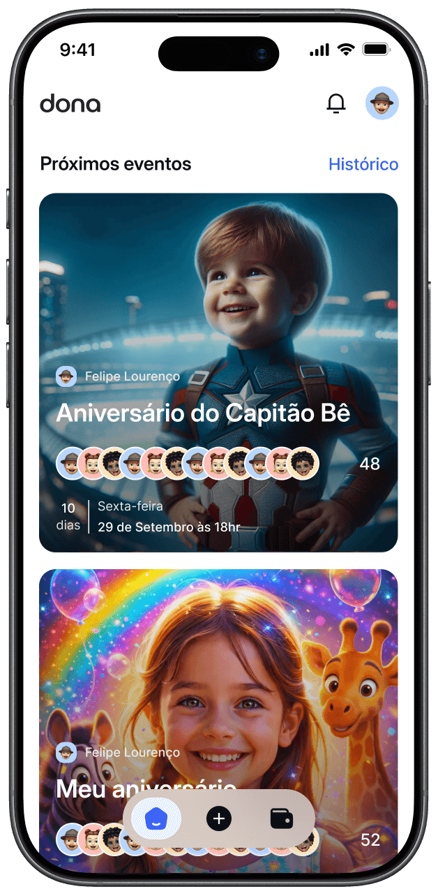 Tela do aplicativo Dona exibindo convites digitais infantis personalizados com foto e próximos eventos