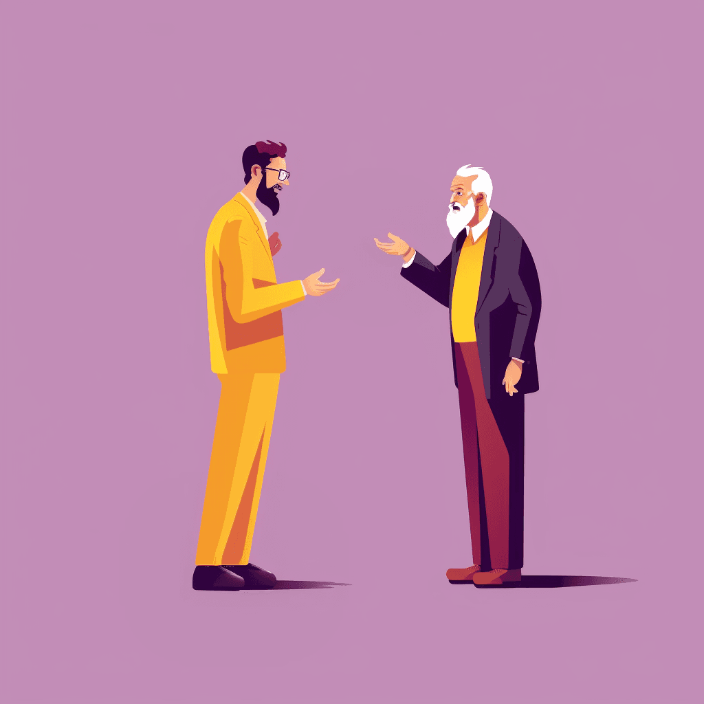 Two male figures engaged in a dialogue.