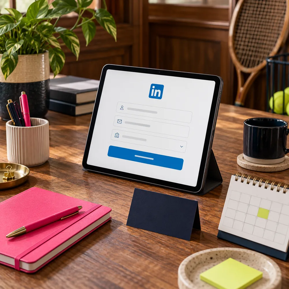 Une tablette présente un formulaire de contact professionnel dans un univers LinkedIn.