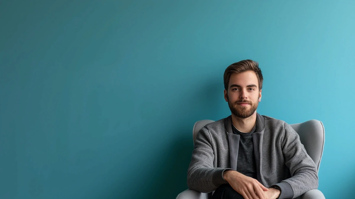 Young man with a beard sitting in a modern chair against a teal background, wearing a gray jacket and dark shirt, looking relaxed.