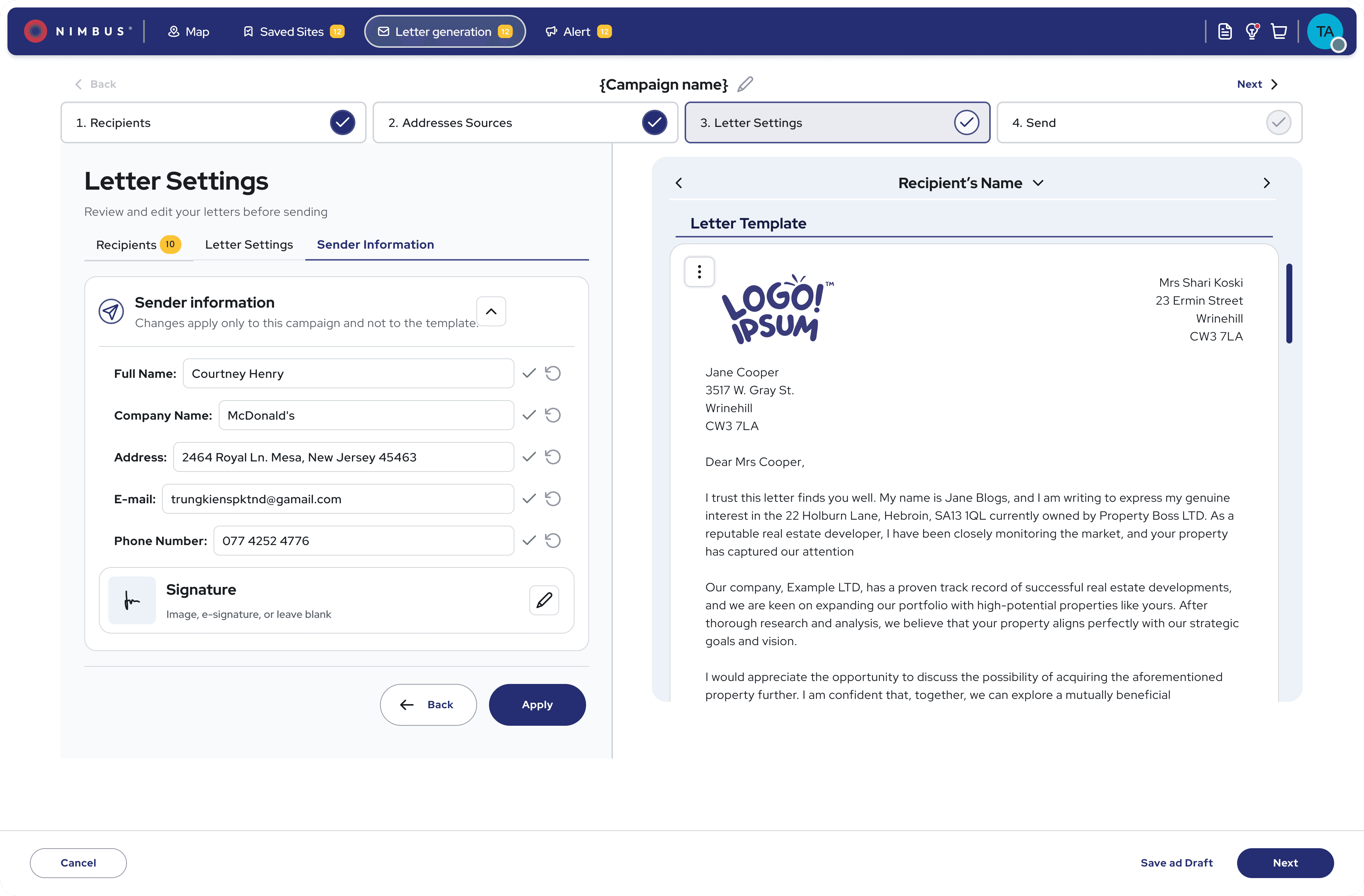 Letter generation screens