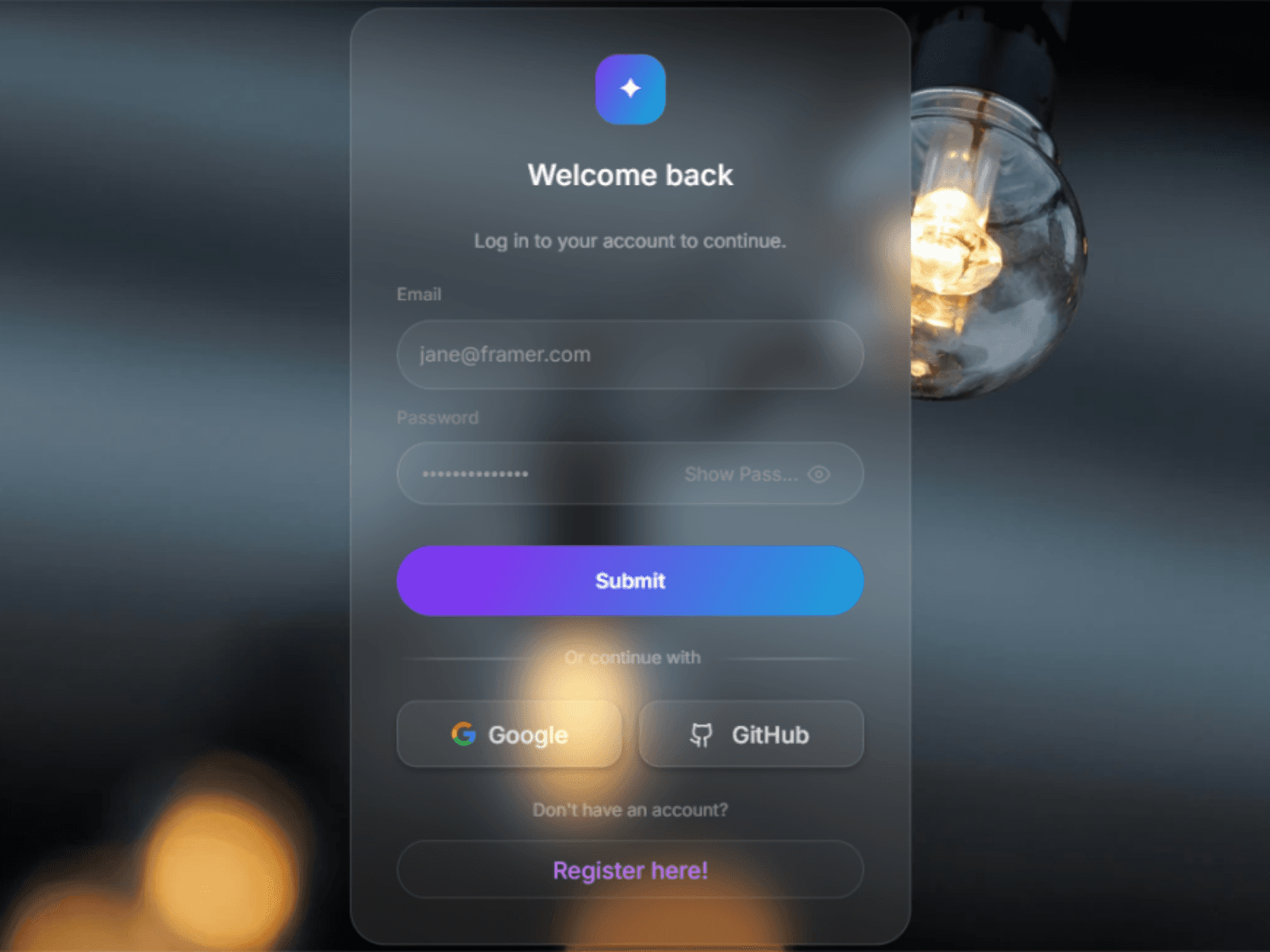 Glass Login component preview for Framer