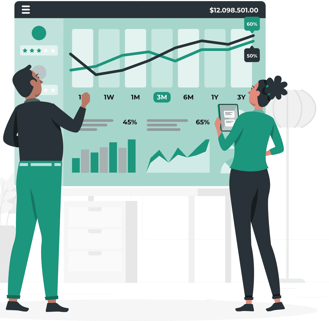 Illustration of two professionals analyzing a Power BI dashboard, showcasing how CaseWhen Consulting develops Power BI reports and trains teams to become experts.