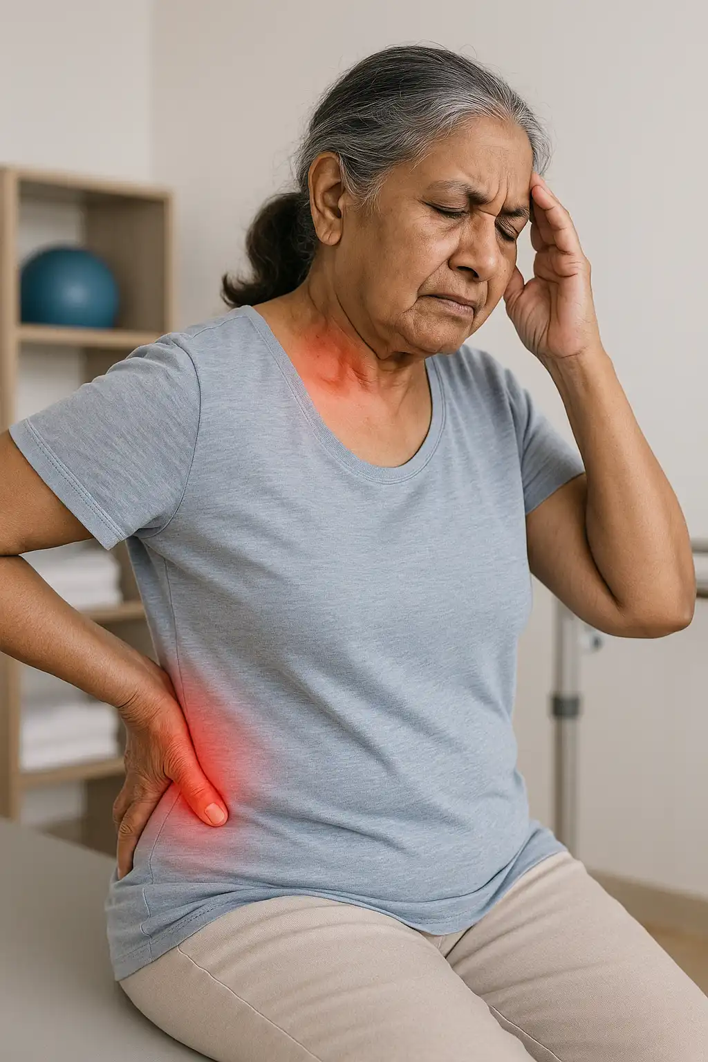 Elderly woman experiencing neck stiffness and lower back pain, showing signs of musculoskeletal discomfort.